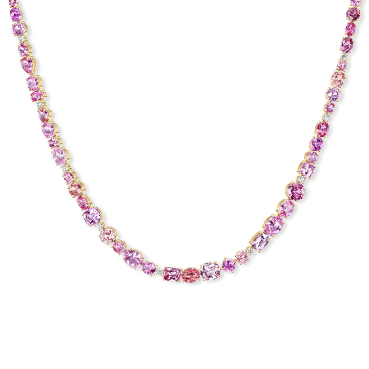 18K Yellow Gold Padparadscha Sapphire Multi Shaped Tennis Necklace