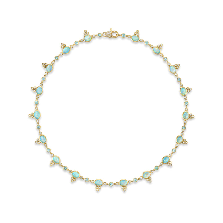 18K Yellow Gold Australian Opal, Paraiba Tourmaline and Diamond Necklce