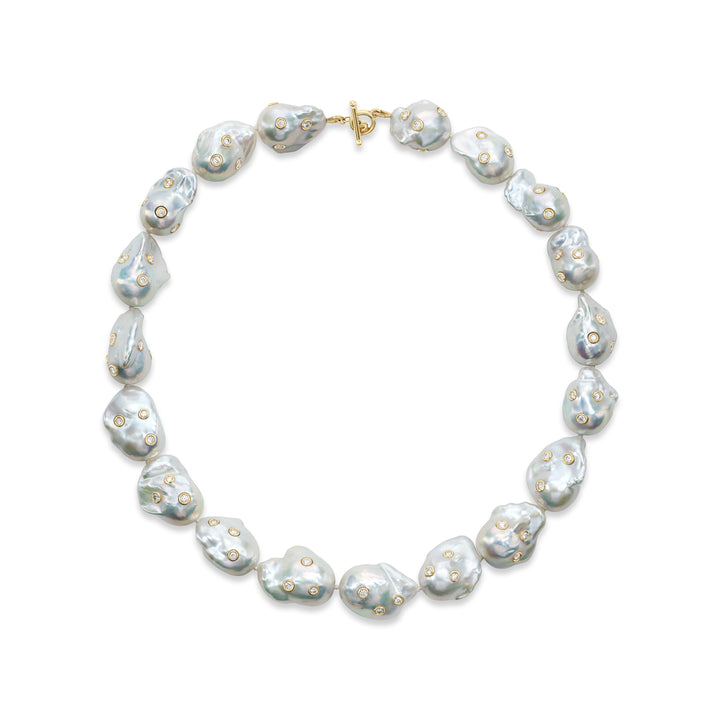 18K Yellow Gold Freshwater Pearl Necklace with Diamonds