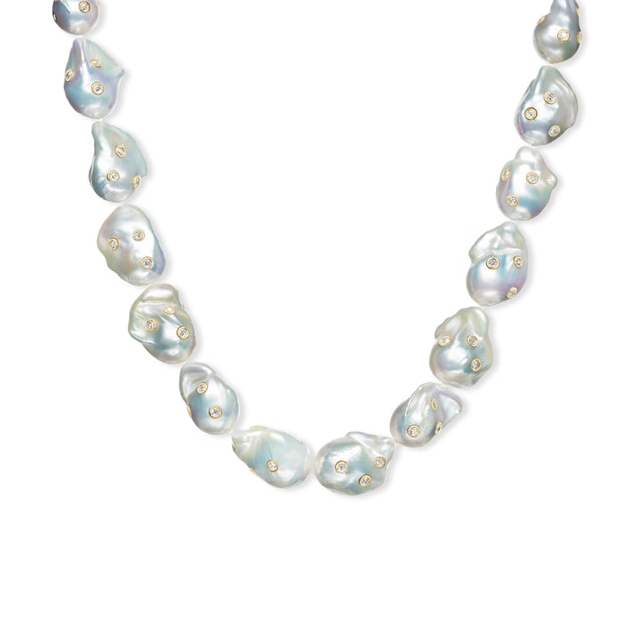 18K Yellow Gold Freshwater Pearl Necklace with Diamonds