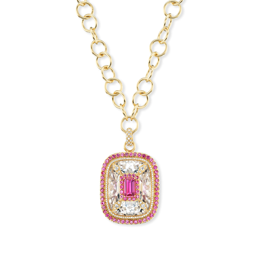 18K Yellow Gold Topaz, Spinel, Rubellite, Mandarin Garnet and Diamond Pendant