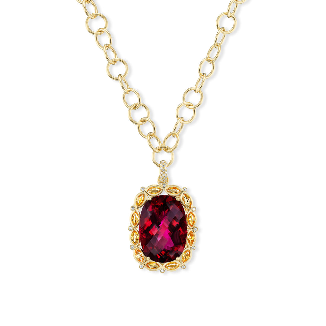 18K Yellow Gold Rubellite and Orange Sapphire Pendant