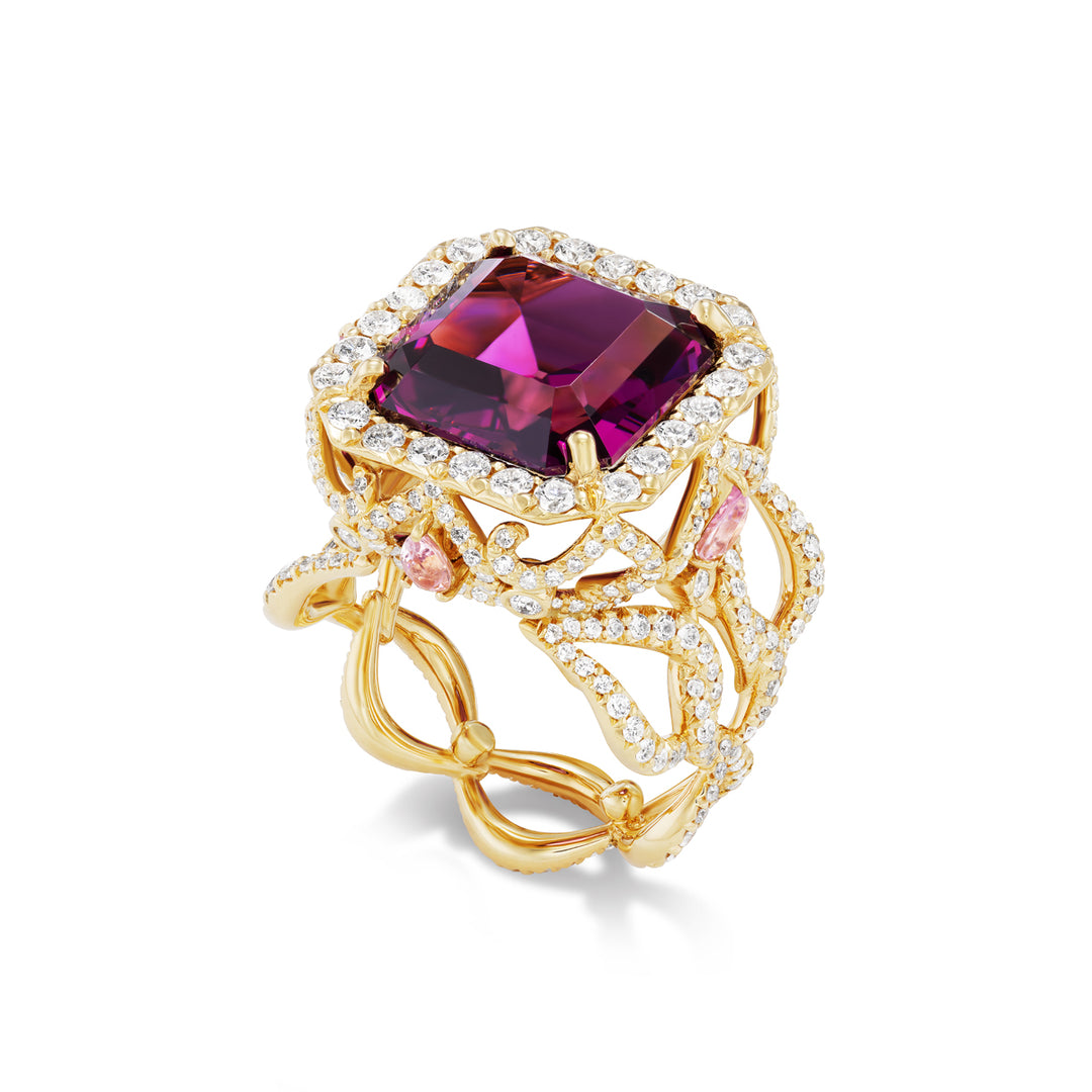 18K Yellow Gold Mahenge Garnet and Diamond Ring