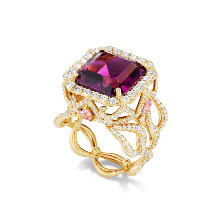 18K Yellow Gold Mahenge Garnet and Diamond Ring