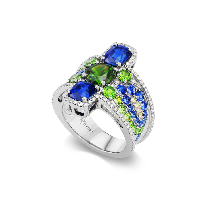 Platinum Demantoid Garnet, Cushion Sapphire, Fancy Yellow and White Diamond Ring