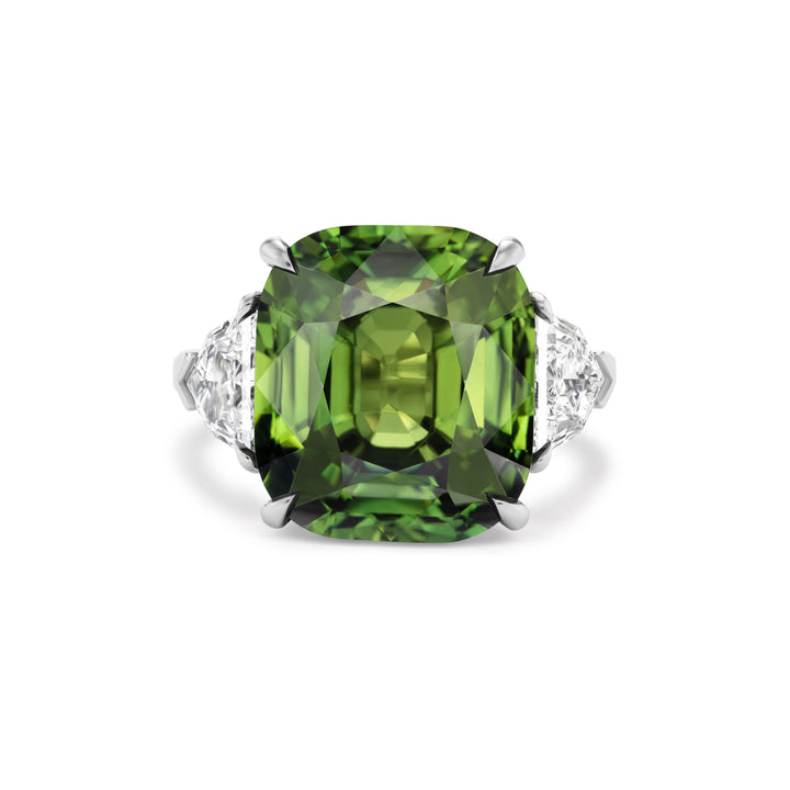 Platinum Ring with Cushion Natural Green Sapphire with Two Epaulet Diamonds