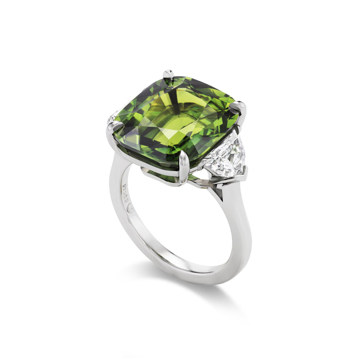 Platinum Ring with Cushion Natural Green Sapphire with Two Epaulet Diamonds