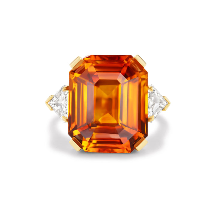 18K Yellow Gold Emerald-Cut Orange Sapphire Ring with two Shield-Cut Diamonds