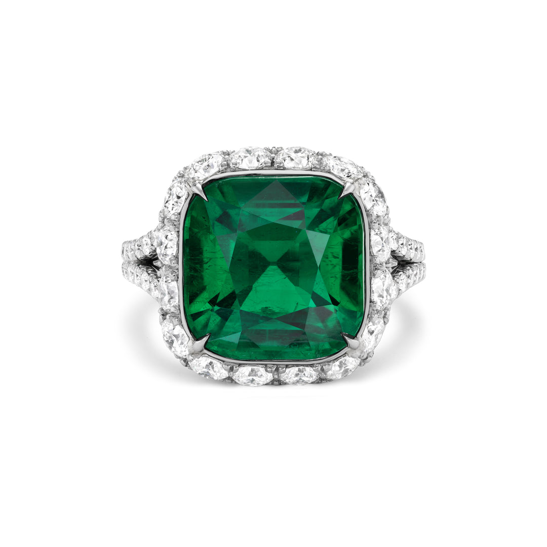 Platinum Ring with Cushion Columbian Emerald and Diamonds