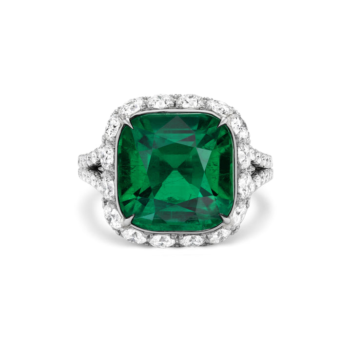 Platinum Ring with Cushion Columbian Emerald and Diamonds