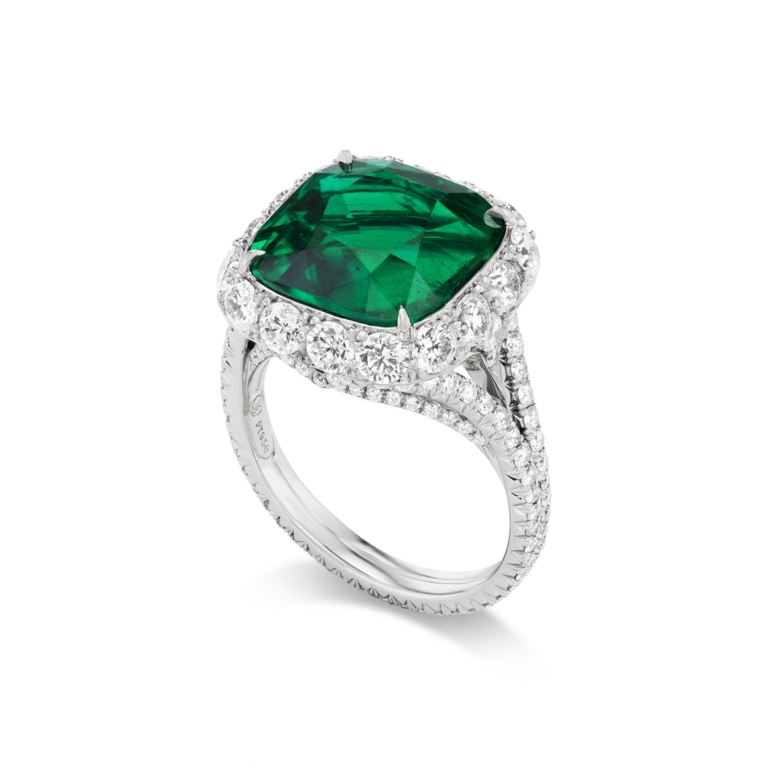 Platinum Ring with Cushion Columbian Emerald and Diamonds