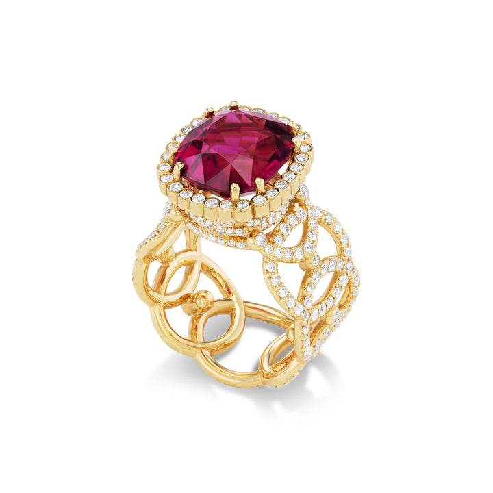 18K Yellow Gold Rubellite and Diamond Ring