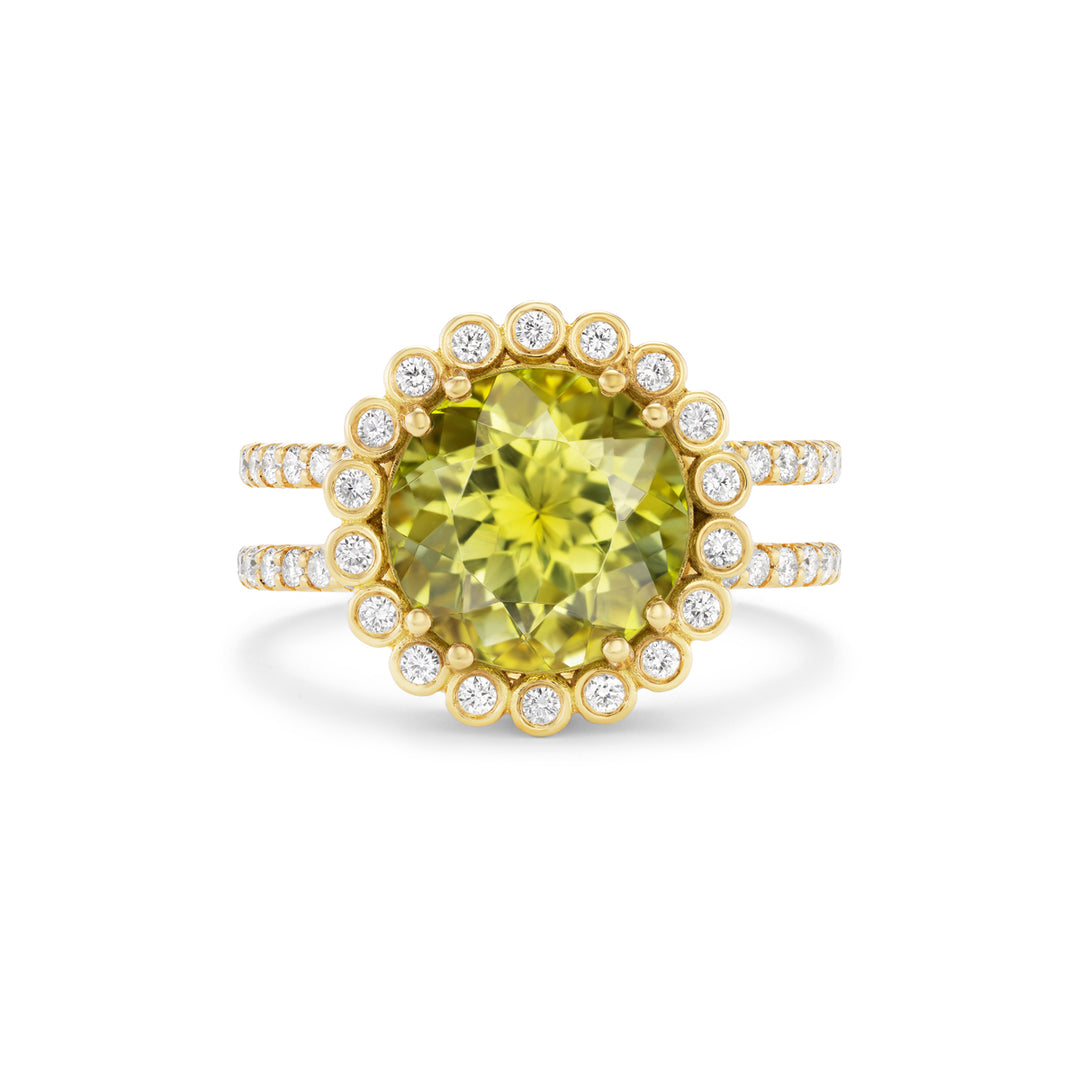 18K Yellow Gold Lime Tourmaline and Diamond Ring