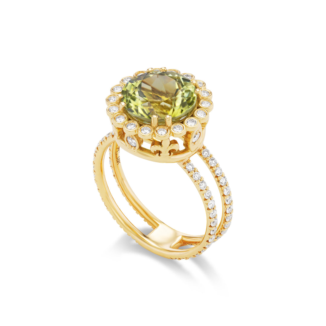 18K Yellow Gold Lime Tourmaline and Diamond Ring
