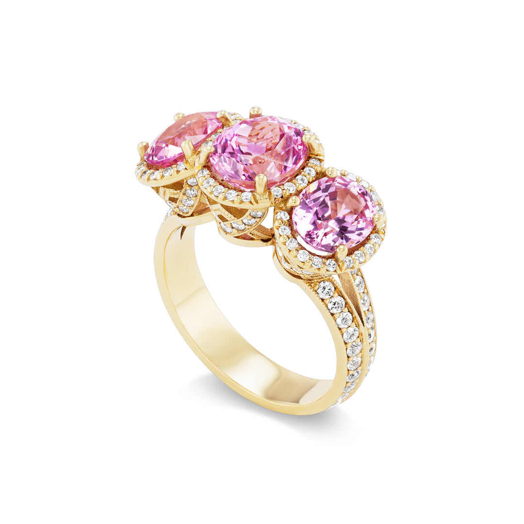18K Yellow Gold 3-Stone Pink Spinel and Diamond Ring