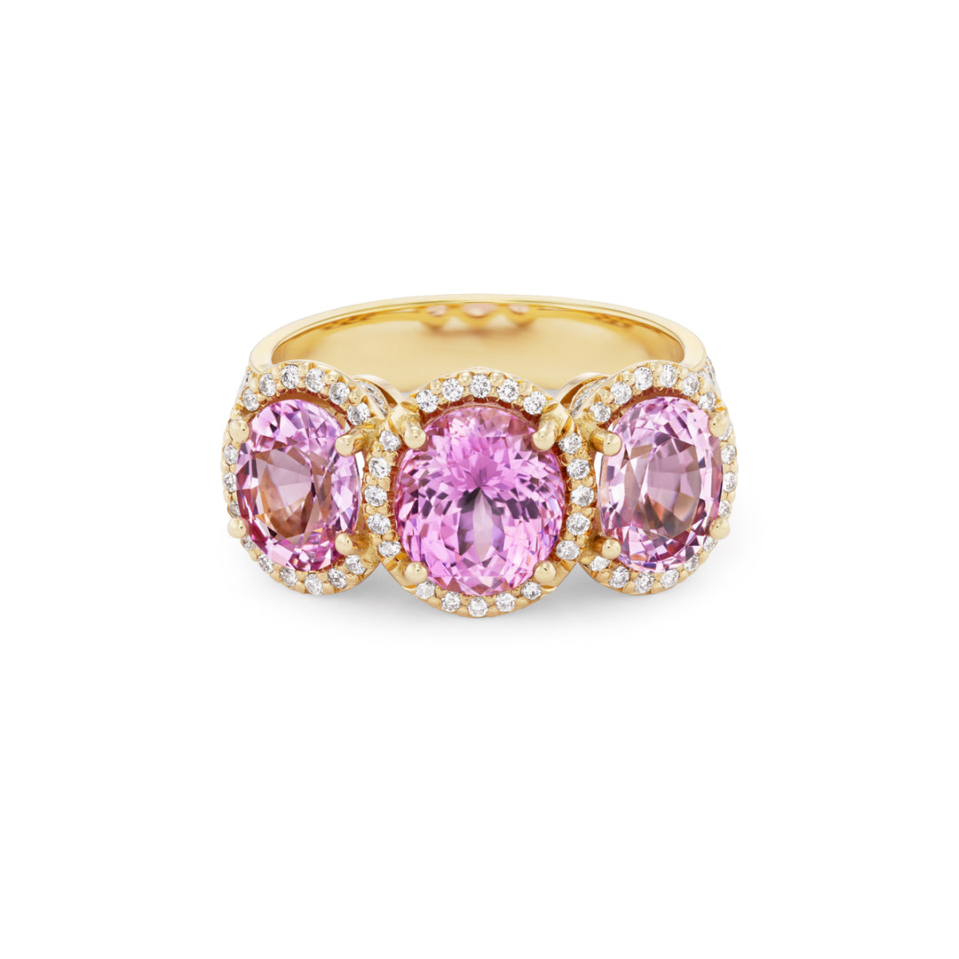 18K Yellow Gold 3-Stone Pink Spinel and Diamond Ring