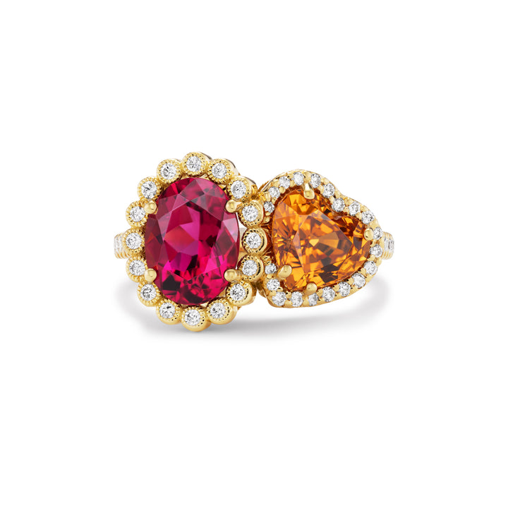 18K Yellow Gold Rubellite Tourmaline Mandarin Garnet and Diamond Ring