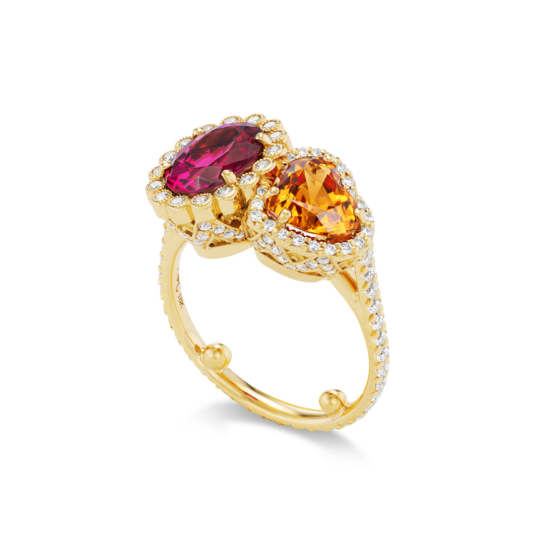 18K Yellow Gold Rubellite Tourmaline Mandarin Garnet and Diamond Ring