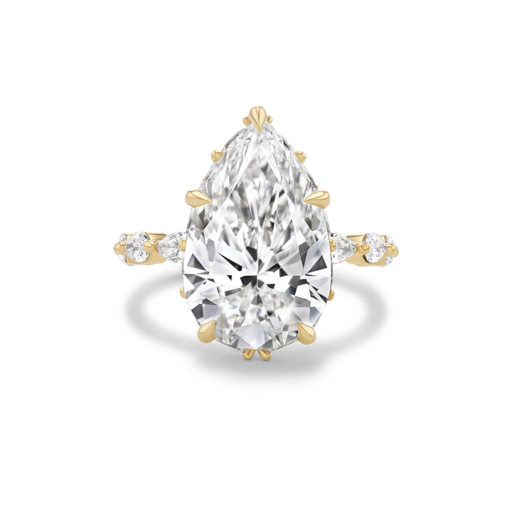 18K Yellow Gold Icon Bridal Ring with 8.07 ct LG Pear Shaped Diamond with Pear-Shaped Diamonds on Band.