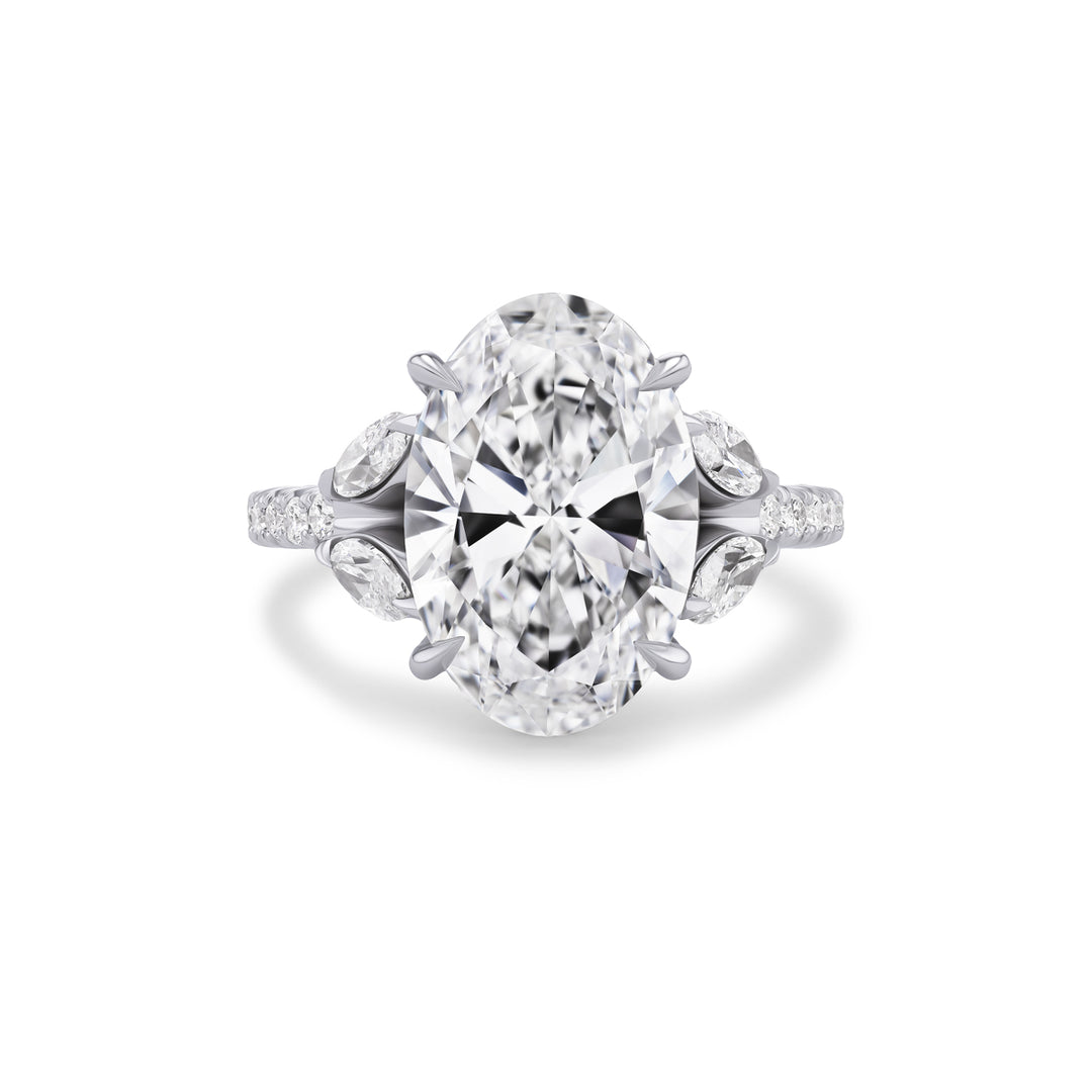 18K White Gold Icon Bridal Ring with 5.0 carat LG Oval Shaped Diamond and  Round & Marquise Natural Diamonds on the Band and Hidden Halo.