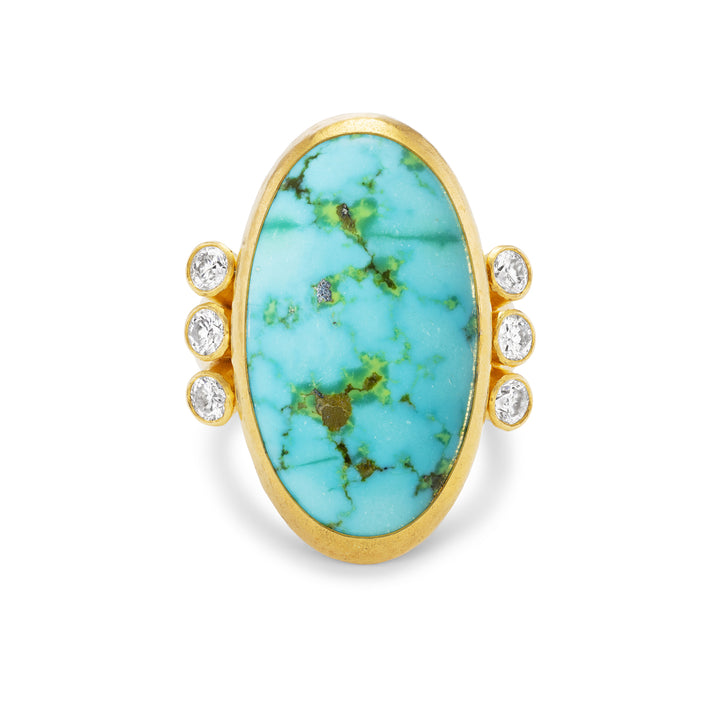 One of a Kind 24K Yellow Gold , Turquoise  and Diamond Ring