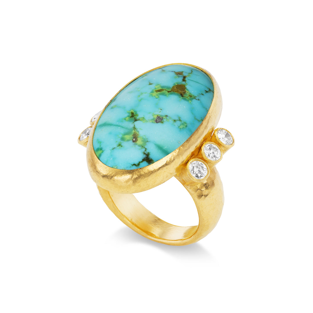 One of a Kind 24K Yellow Gold , Turquoise  and Diamond Ring