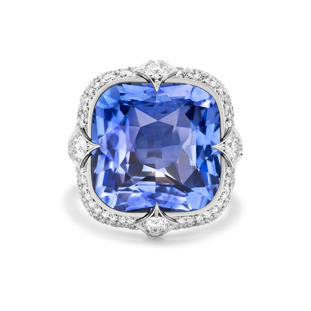 Platinum Cushion Cut Sapphire and Pave Diamond Ring