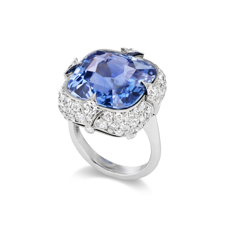 Platinum Cushion Cut Sapphire and Pave Diamond Ring