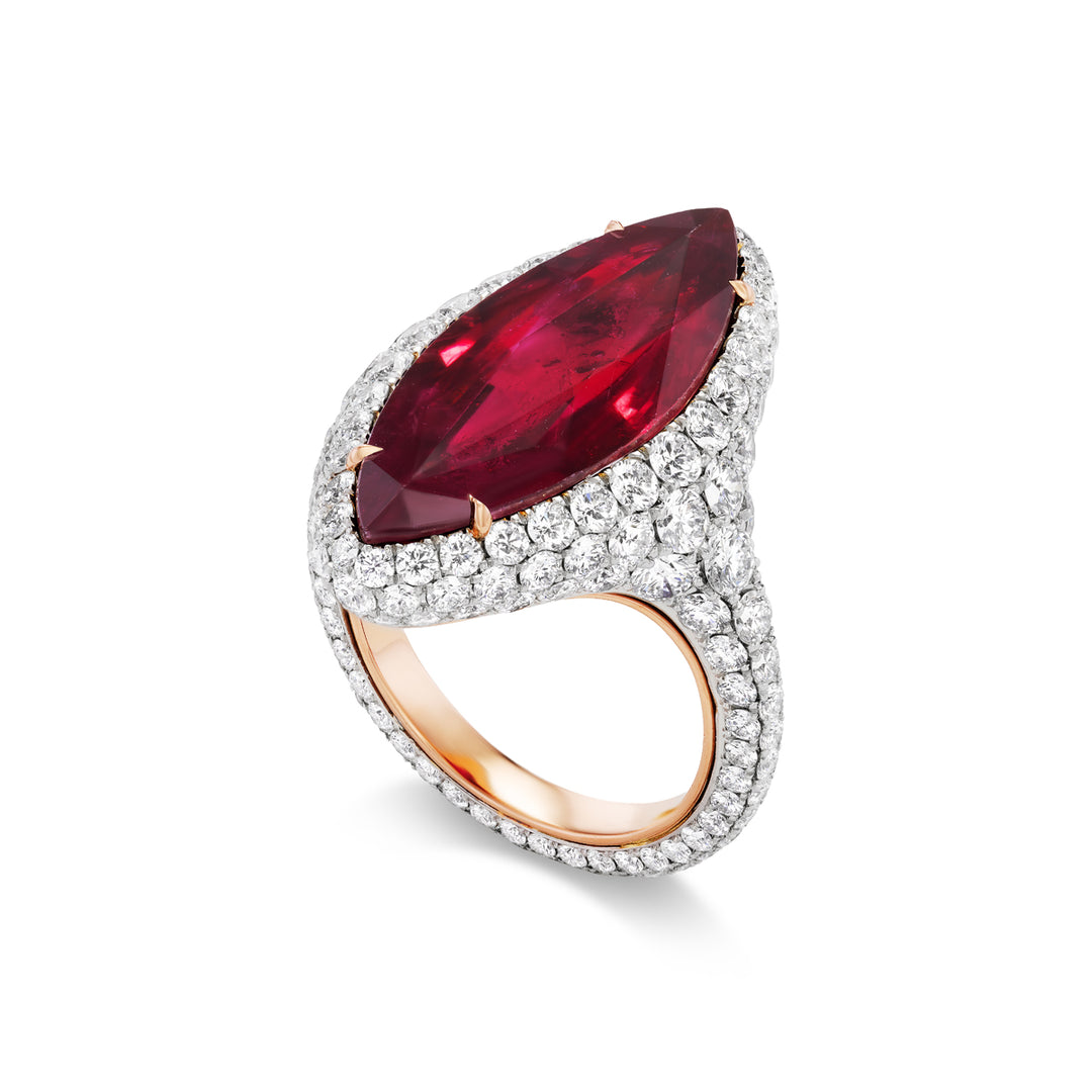 Platinum and 18K Rose Gold Ring with Marquise Ruby and Diamonds