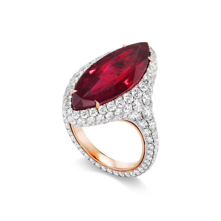 Platinum and 18K Rose Gold Ring with Marquise Ruby and Diamonds