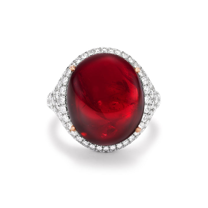 Platinum and 18K Rose Gold Ring with Cabochon Madagascar Ruby and Diamonds