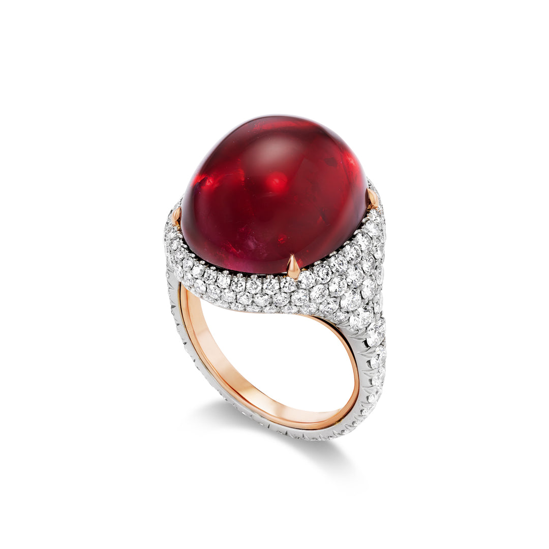 Platinum and 18K Rose Gold Ring with Cabochon Madagascar Ruby and Diamonds