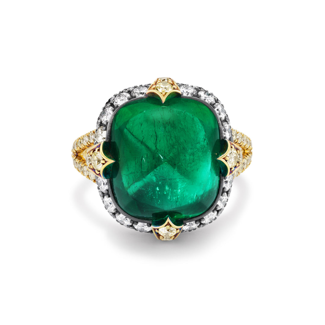 18K Blackened Gold and Silver Ring with Sugarloaf Cabochon Colombian Emerald, Yellow Diamonds and White Diamonds