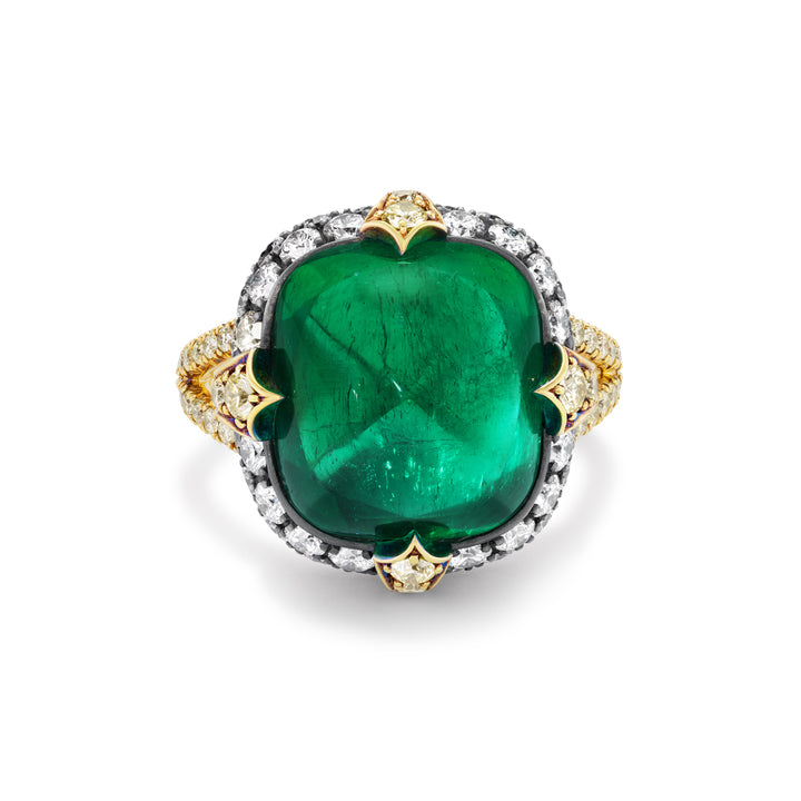 18K Blackened Gold and Silver Ring with Sugarloaf Cabochon Colombian Emerald, Yellow Diamonds and White Diamonds