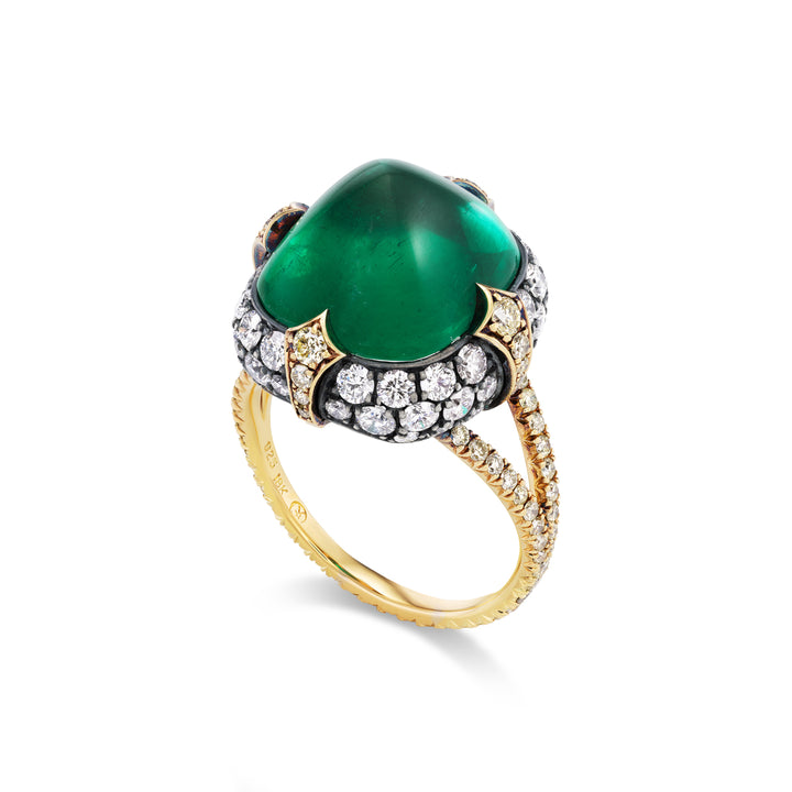 18K Blackened Gold and Silver Ring with Sugarloaf Cabochon Colombian Emerald, Yellow Diamonds and White Diamonds
