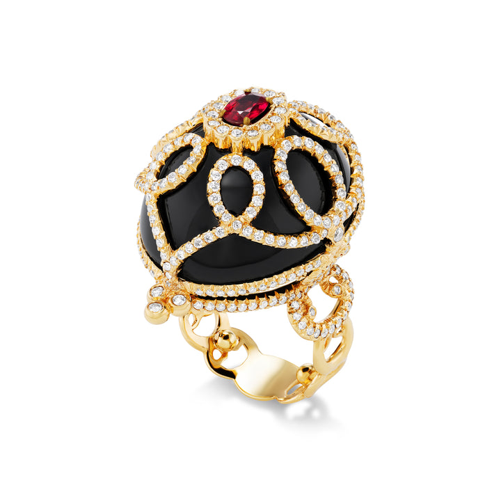 18K Yellow Gold Black Jade, Ruby and Diamond Ring
