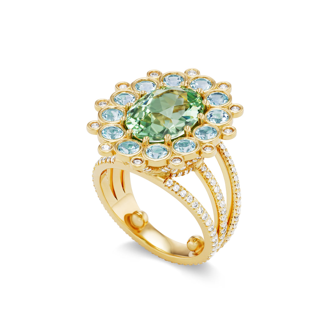 18K Yellow Gold Merelani Mint Garnet, Paraiba Tourmaline and Diamond Cupcake Ring