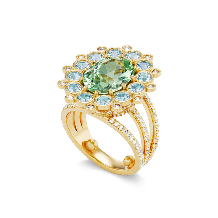 18K Yellow Gold Merelani Mint Garnet, Paraiba Tourmaline and Diamond Cupcake Ring