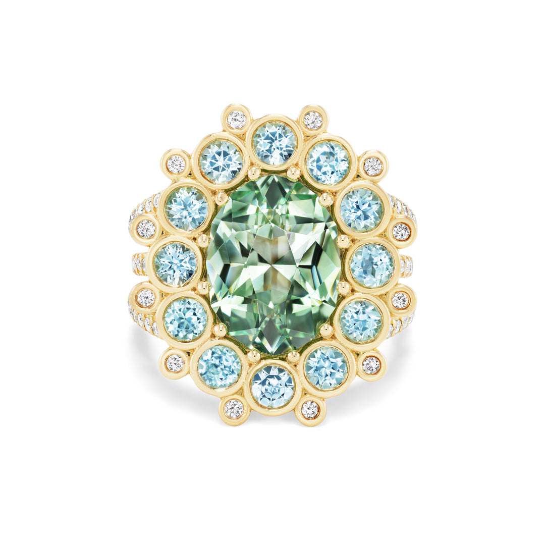 18K Yellow Gold Merelani Mint Garnet, Paraiba Tourmaline and Diamond Cupcake Ring