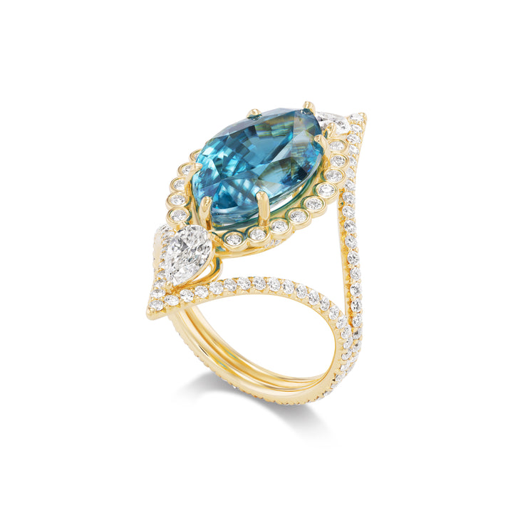 18K Yellow Gold Juno Blue Zircon and Diamond Ring by Erica Countney.