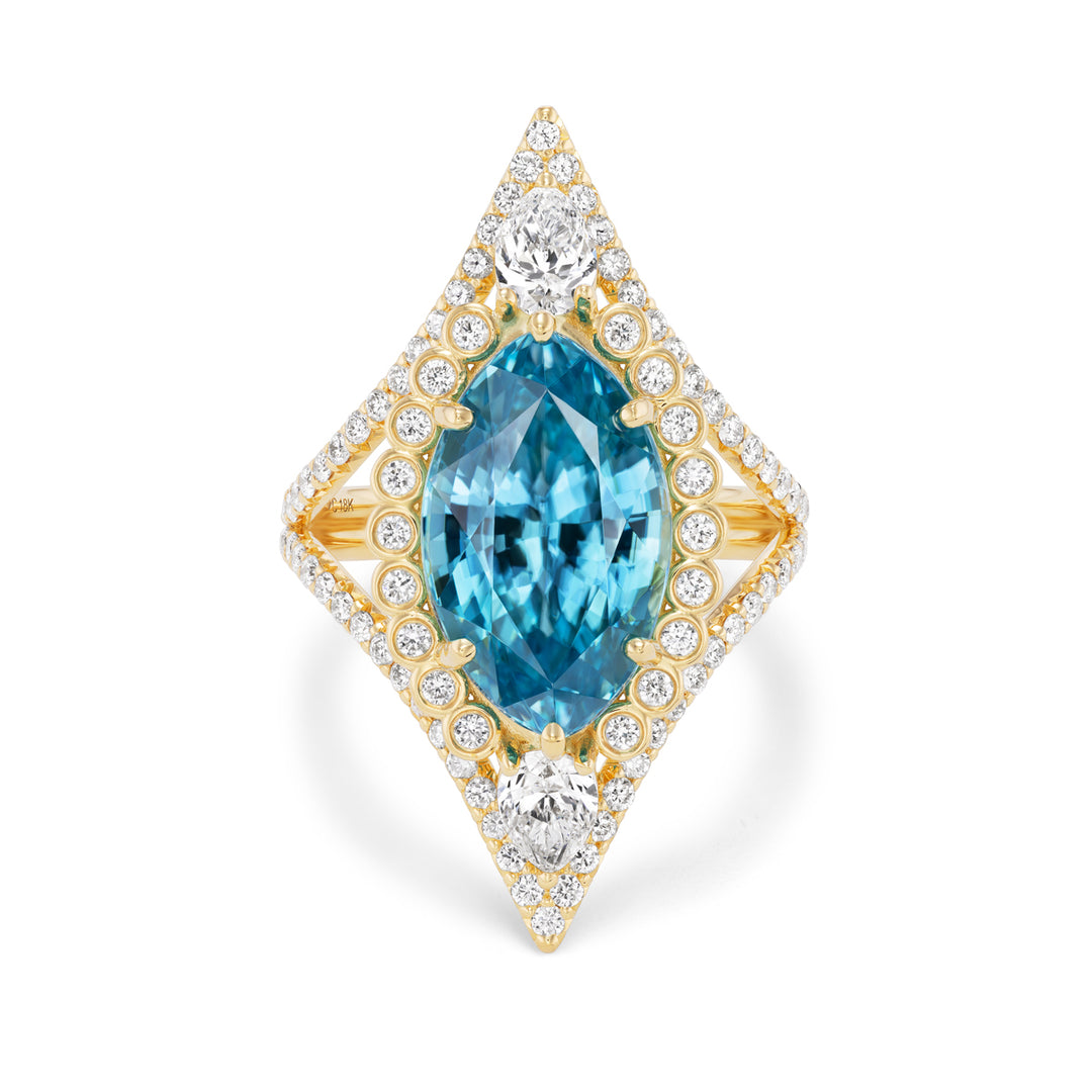 18K Yellow Gold Juno Blue Zircon and Diamond Ring by Erica Countney.