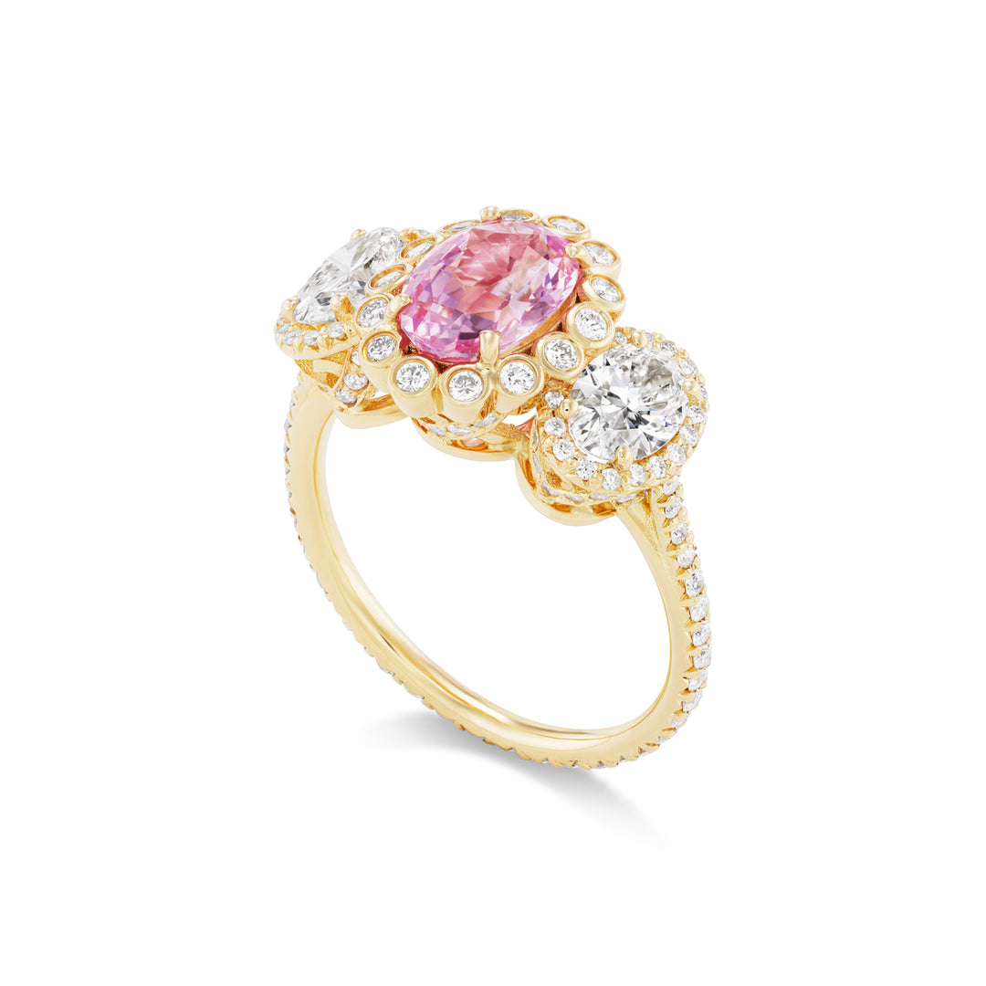 18K Yellow Gold 3-Stone Padparadscha Sapphire and Diamond Ring