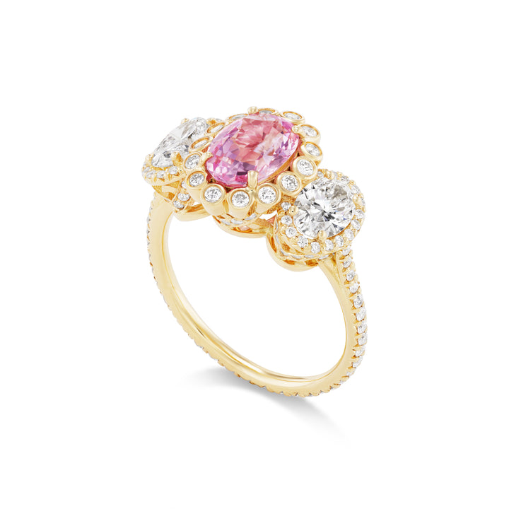 18K Yellow Gold 3-Stone Padparadscha Sapphire and Diamond Ring