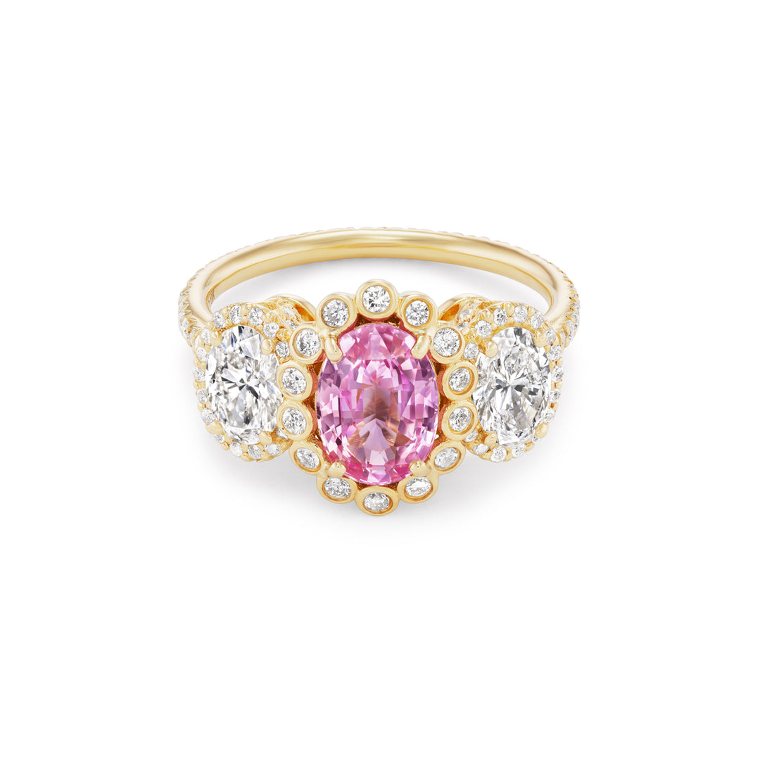 18K Yellow Gold 3-Stone Padparadscha Sapphire and Diamond Ring