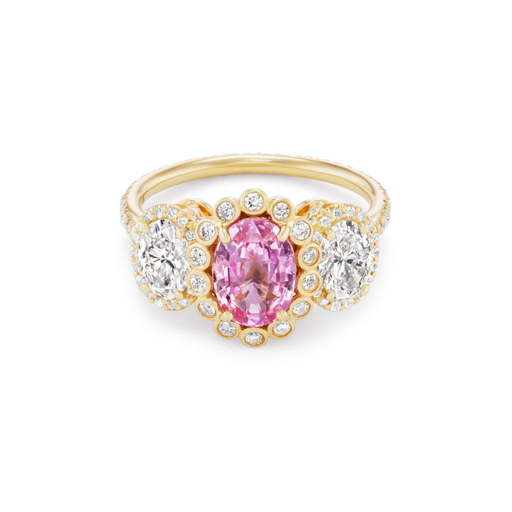 18K Yellow Gold 3-Stone Padparadscha Sapphire and Diamond Ring