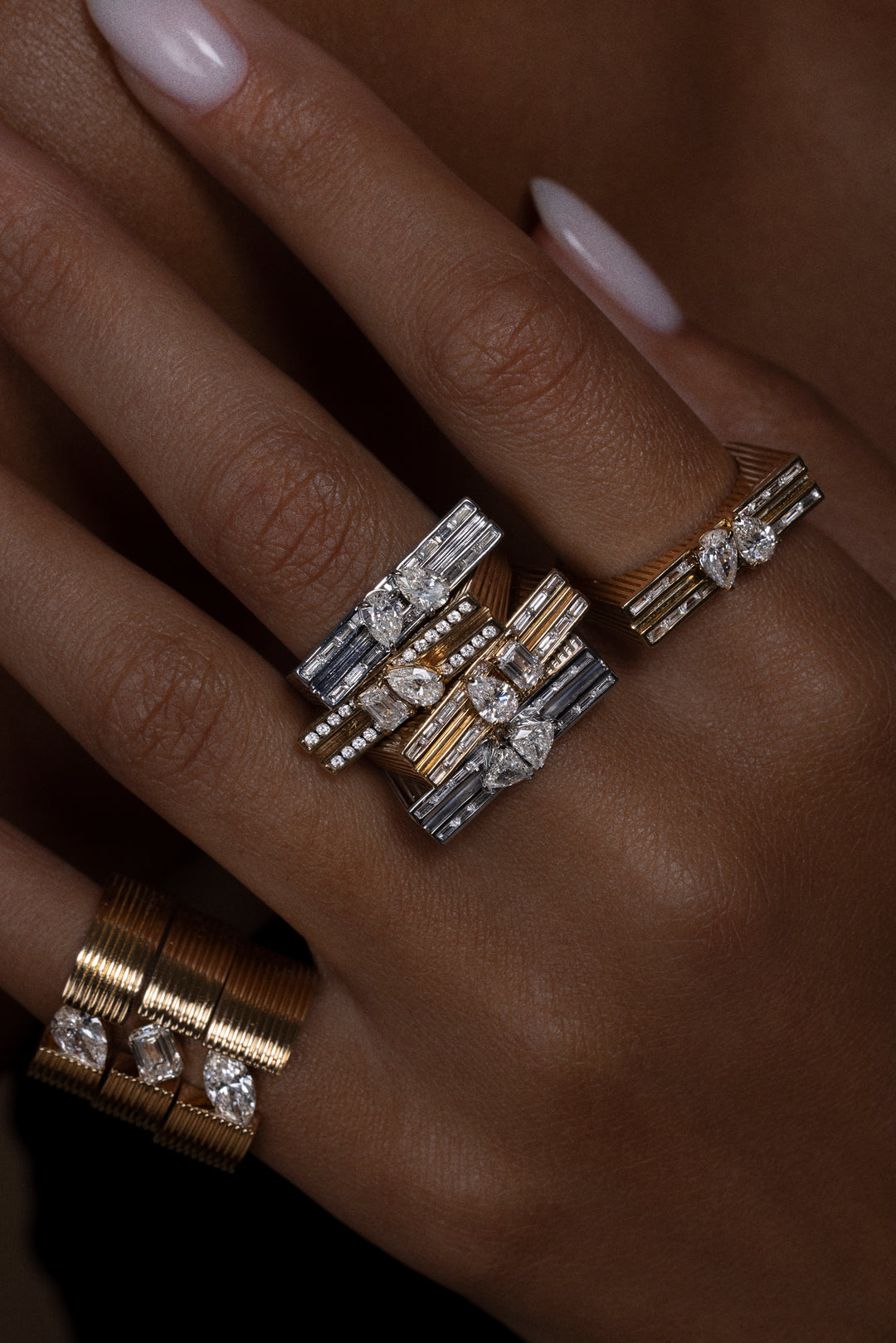 18K Yellow Blade Ring with Emerald Cut & Pear Shape Diamonds