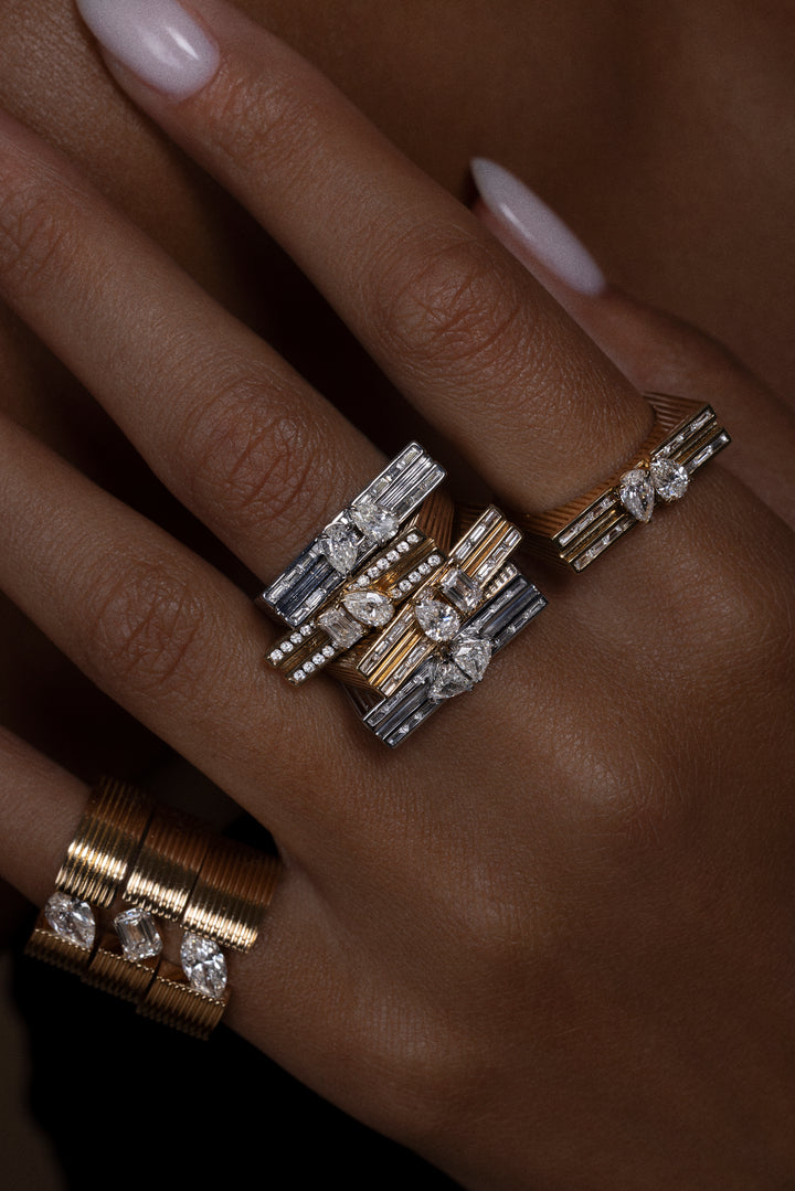 18K Yellow Blade Ring with Emerald Cut & Pear Shape Diamonds