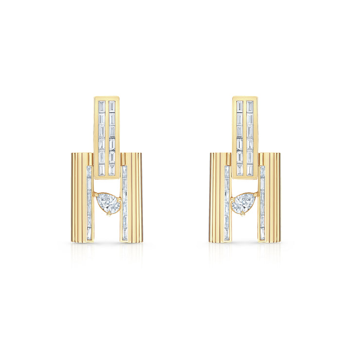 18K Yellow Gold, Blade Earrings with Pear Shape & Emerald Cut Diamonds