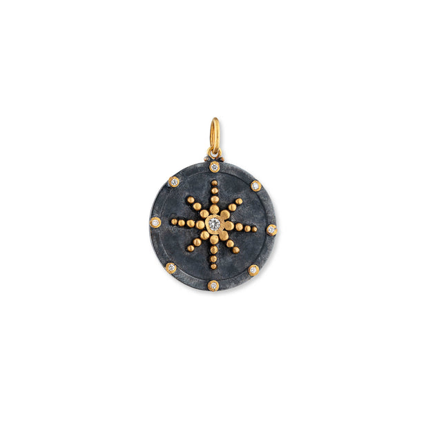 Oxidized Silver and 24K Yellow Gold Diamond Compass Pendant