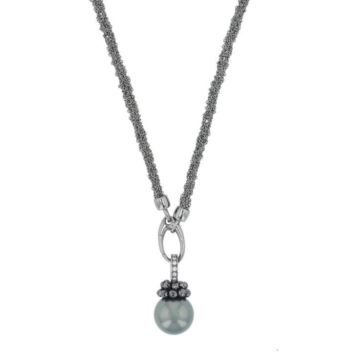 Oxidized Sterling Silver and 18K White Gold Tahitian Pearl and Diamond Pendant Necklace